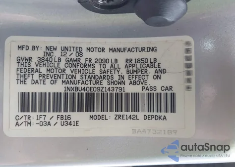 2009 Toyota Corolla Le z USA, uszkodzony, nr VIN 1NXBU40E09Z143791